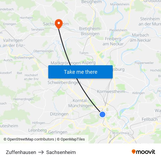 Zuffenhausen to Sachsenheim map