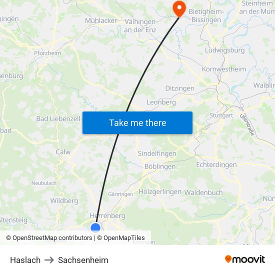 Haslach to Sachsenheim map