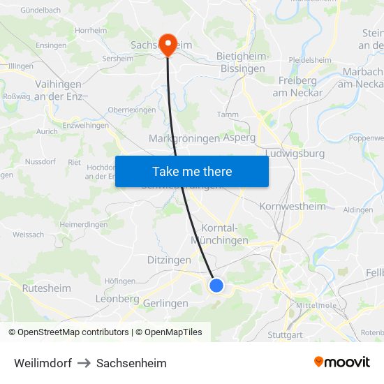 Weilimdorf to Sachsenheim map