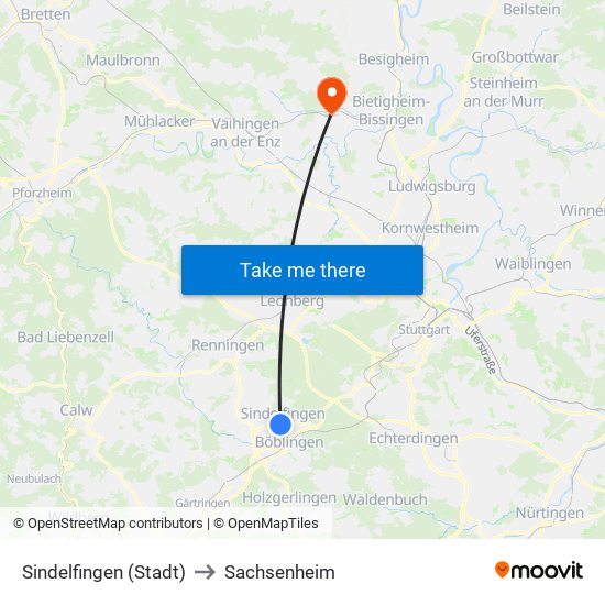 Sindelfingen (Stadt) to Sachsenheim map