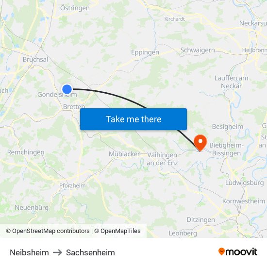 Neibsheim to Sachsenheim map