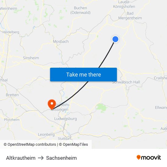 Altkrautheim to Sachsenheim map