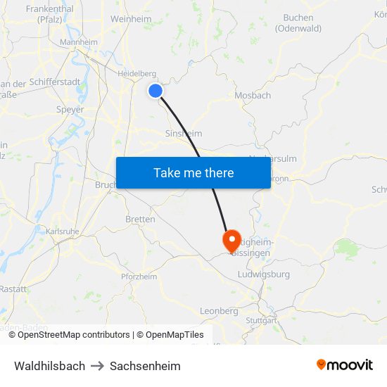 Waldhilsbach to Sachsenheim map