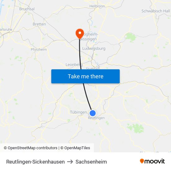 Reutlingen-Sickenhausen to Sachsenheim map