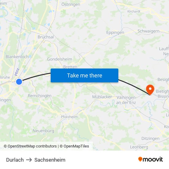 Durlach to Sachsenheim map