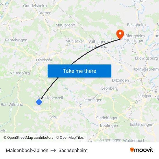 Maisenbach-Zainen to Sachsenheim map