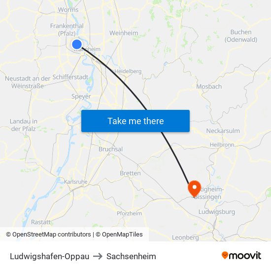 Ludwigshafen-Oppau to Sachsenheim map