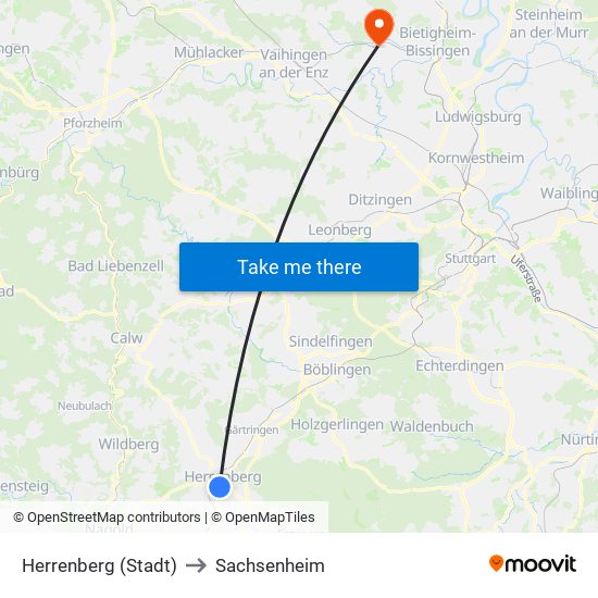 Herrenberg (Stadt) to Sachsenheim map