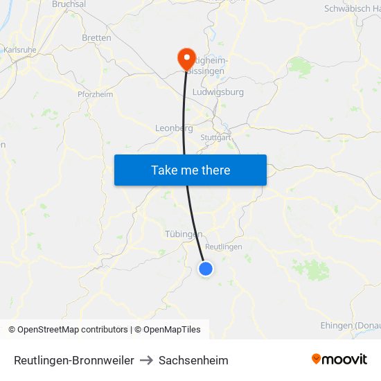 Reutlingen-Bronnweiler to Sachsenheim map