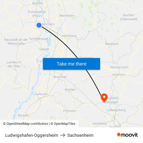 Ludwigshafen-Oggersheim to Sachsenheim map