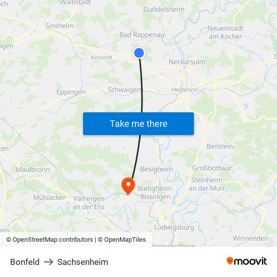 Bonfeld to Sachsenheim map