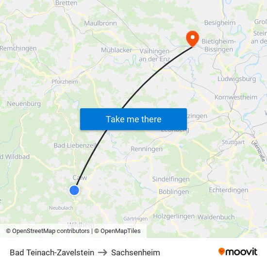 Bad Teinach-Zavelstein to Sachsenheim map