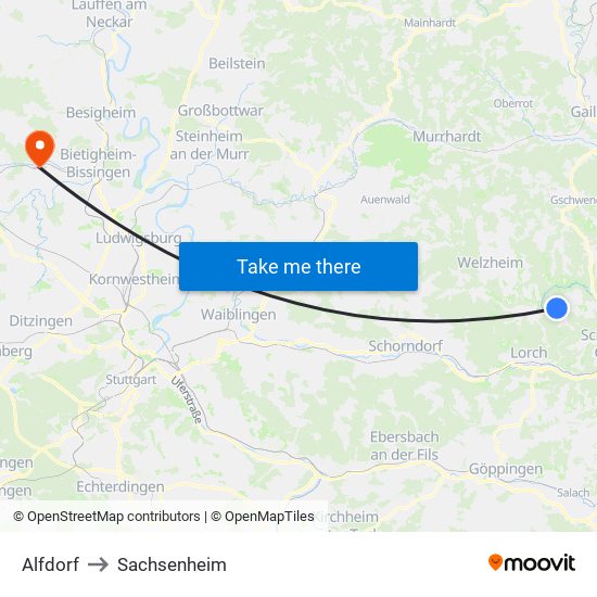 Alfdorf to Sachsenheim map