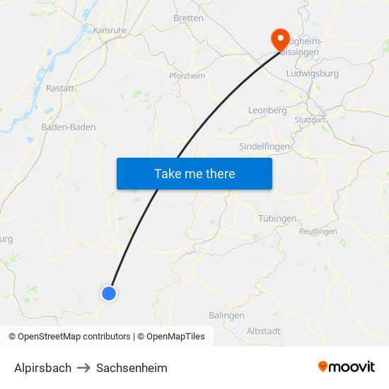 Alpirsbach to Sachsenheim map