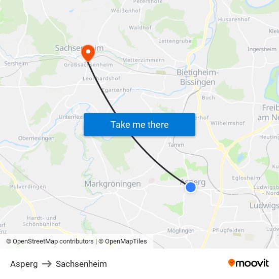 Asperg to Sachsenheim map