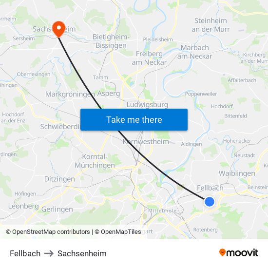 Fellbach to Sachsenheim map