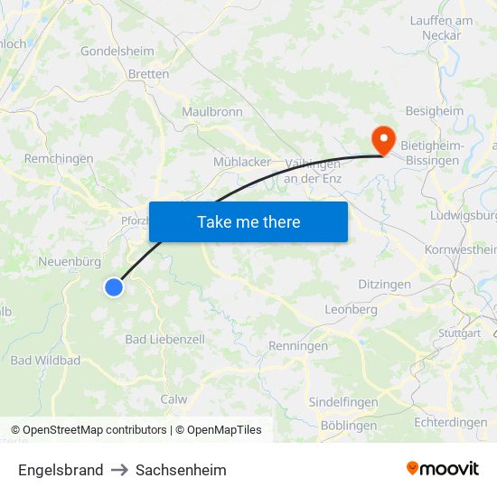 Engelsbrand to Sachsenheim map