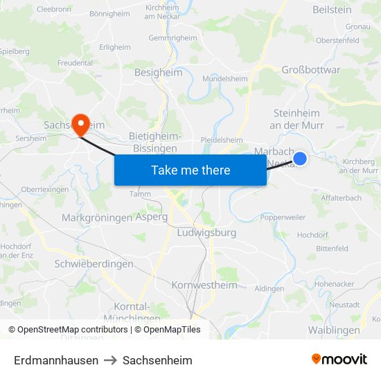 Erdmannhausen to Sachsenheim map