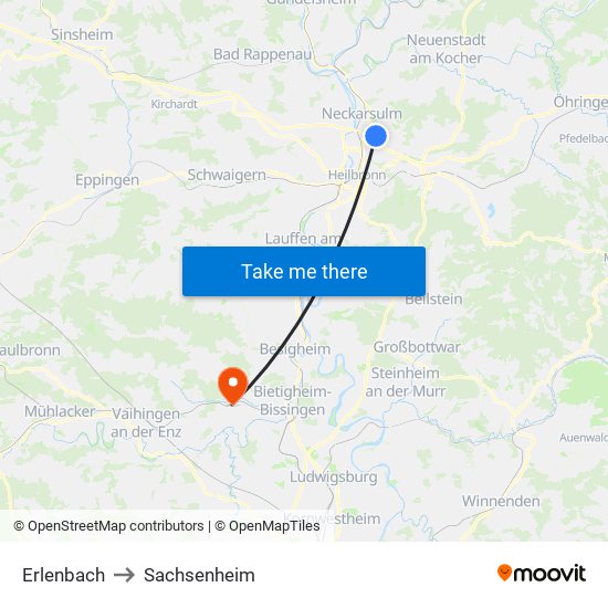 Erlenbach to Sachsenheim map