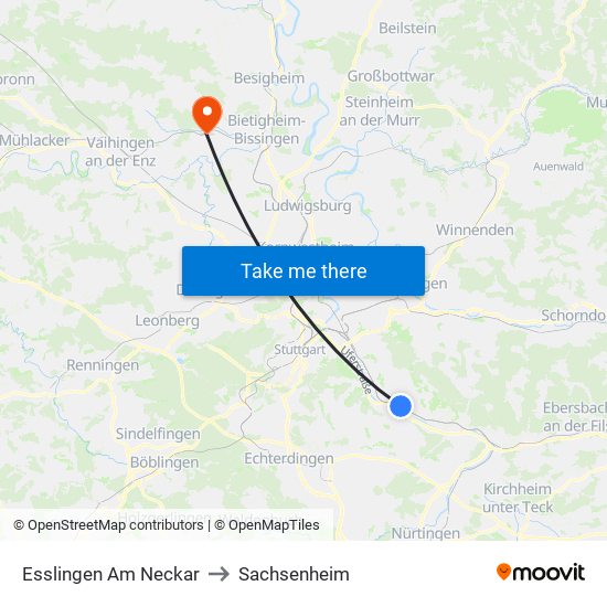 Esslingen Am Neckar to Sachsenheim map