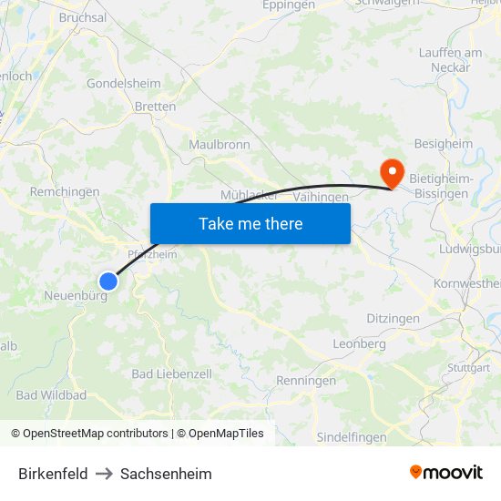 Birkenfeld to Sachsenheim map