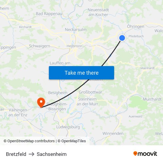 Bretzfeld to Sachsenheim map