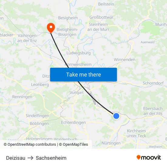 Deizisau to Sachsenheim map