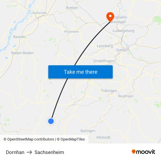 Dornhan to Sachsenheim map