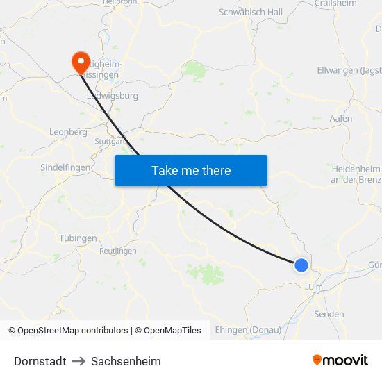 Dornstadt to Sachsenheim map