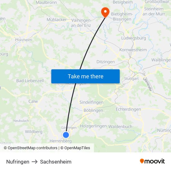 Nufringen to Sachsenheim map