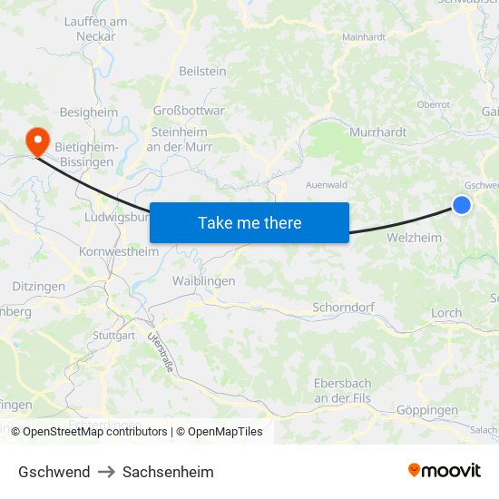 Gschwend to Sachsenheim map