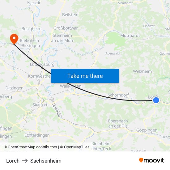 Lorch to Sachsenheim map