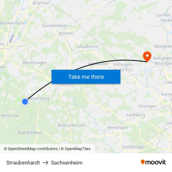 Straubenhardt to Sachsenheim map