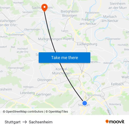 Stuttgart to Sachsenheim map
