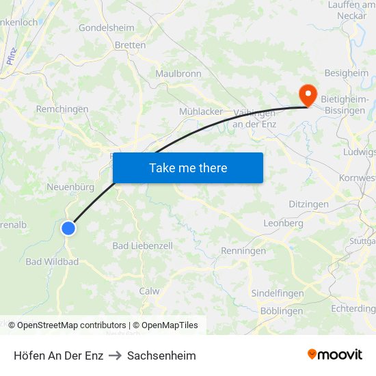 Höfen An Der Enz to Sachsenheim map