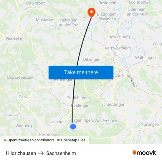 Hildrizhausen to Sachsenheim map