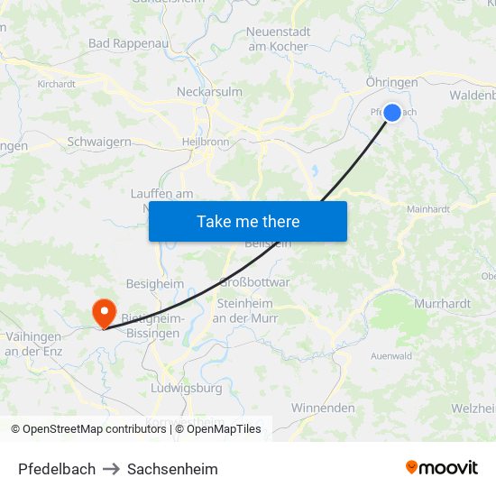 Pfedelbach to Sachsenheim map