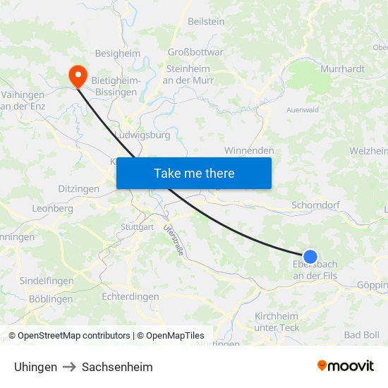 Uhingen to Sachsenheim map