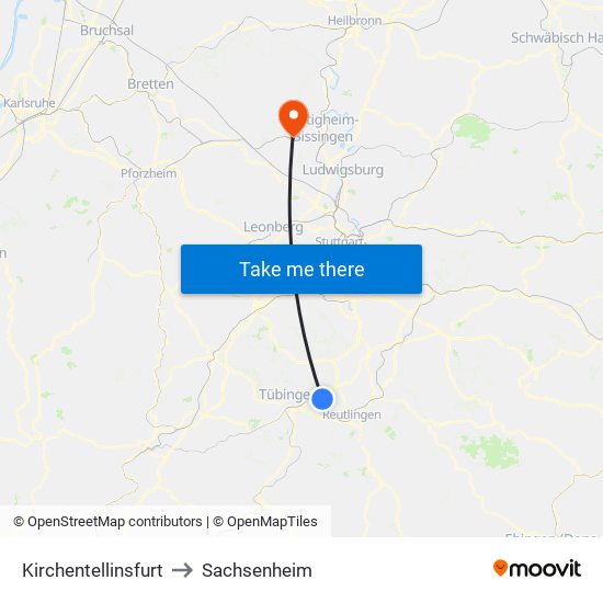 Kirchentellinsfurt to Sachsenheim map