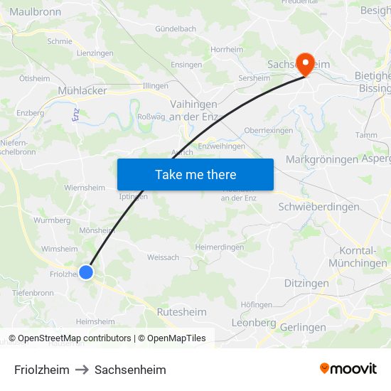 Friolzheim to Sachsenheim map