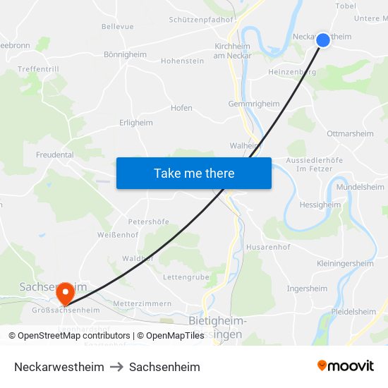 Neckarwestheim to Sachsenheim map