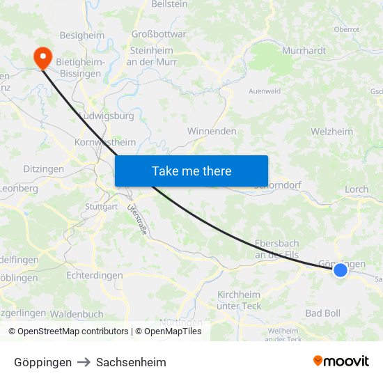 Göppingen to Sachsenheim map