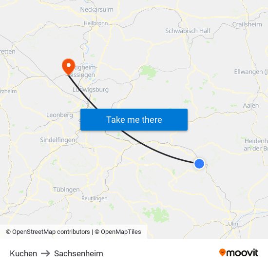 Kuchen to Sachsenheim map