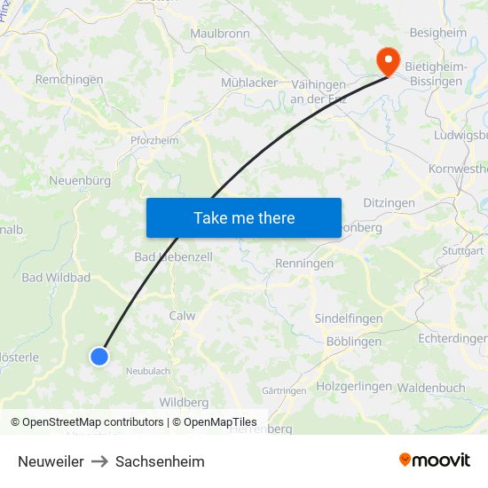 Neuweiler to Sachsenheim map