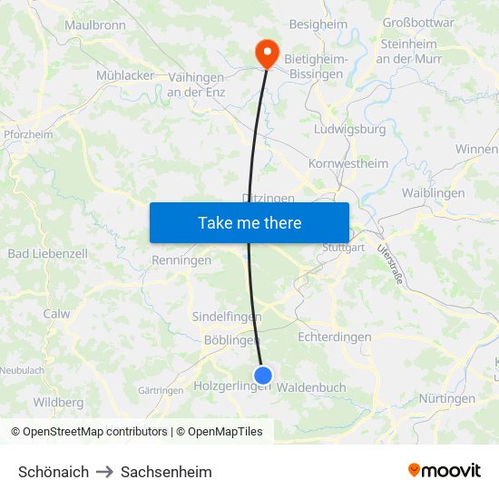 Schönaich to Sachsenheim map