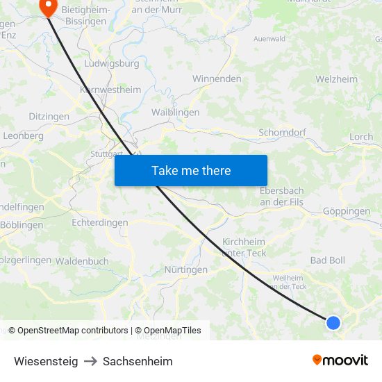 Wiesensteig to Sachsenheim map