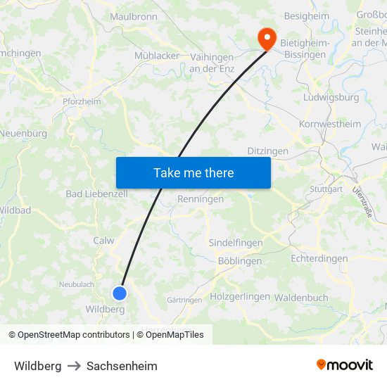 Wildberg to Sachsenheim map