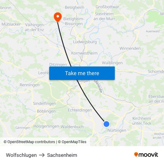 Wolfschlugen to Sachsenheim map