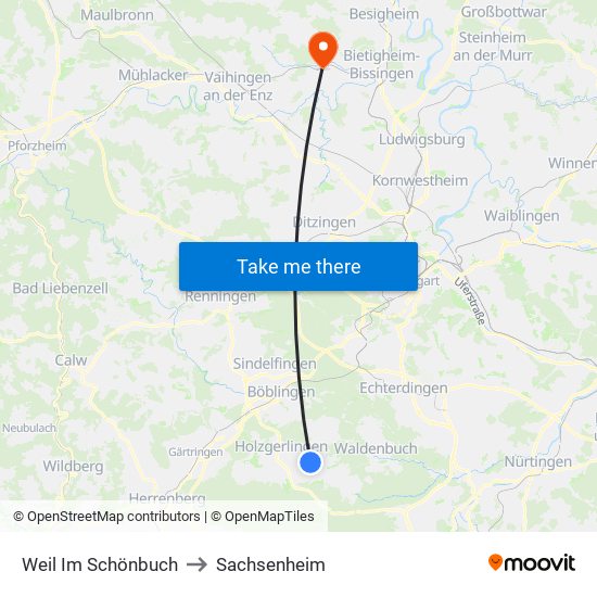 Weil Im Schönbuch to Sachsenheim map