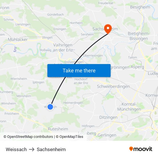 Weissach to Sachsenheim map